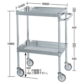 SUS430 ステンレスワゴン2段（600×400×880）100φナイロンウレタン/M350CS4SUS-6082NUS