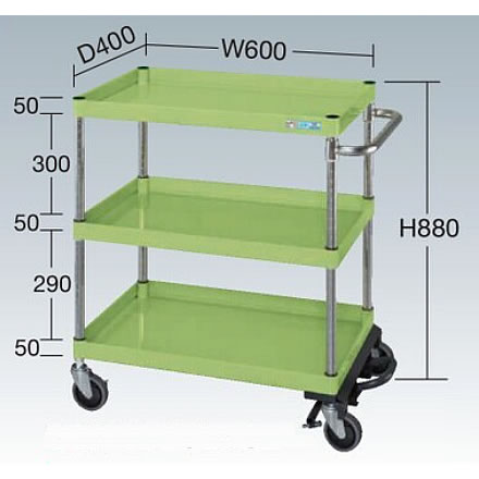 中量フットブレーキ付ワゴン台車（600×400×880）グリーン/φ100ゴム車/M350SP-06083BRS