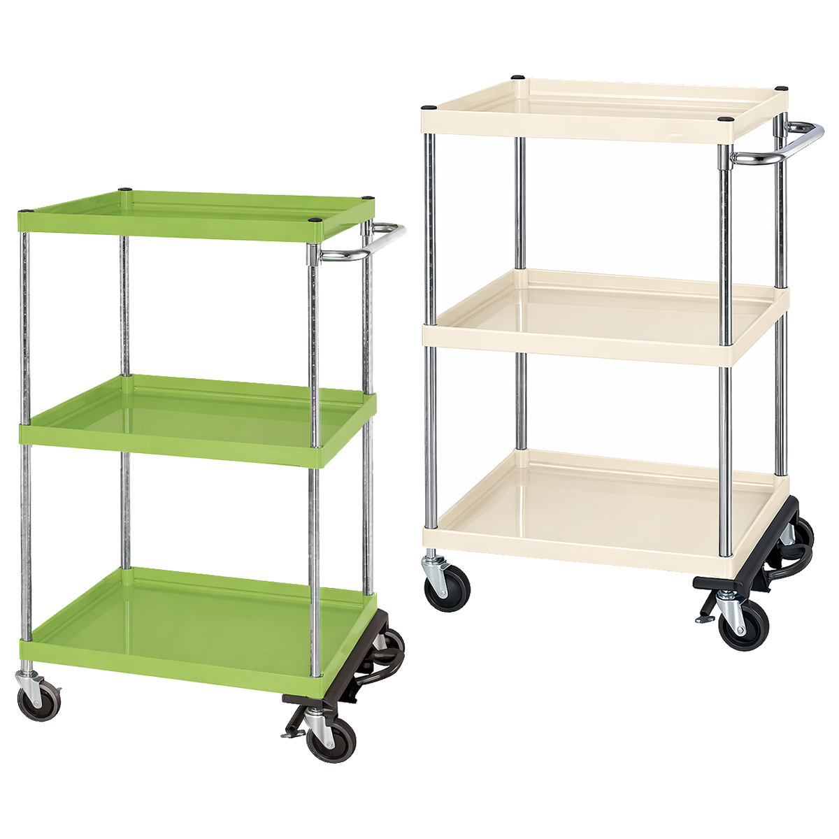 中量フットブレーキ付ワゴン台車（750×500×1200）グリーン/φ100ゴム車/M350SP-075123BRS