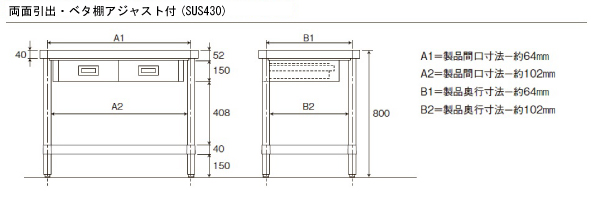 アジャスト付ステンレス作業台（両面引出・ベタ棚）M2554SW-3NK 
