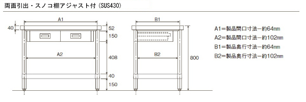 アジャスト付ステンレス作業台（両面引出・スノコ棚）M253DWS-09075SK 