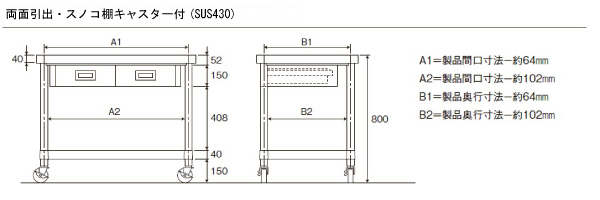 アジャスト付ステンレス作業台（両面引出・スノコ棚）M253DWS-09075SK 